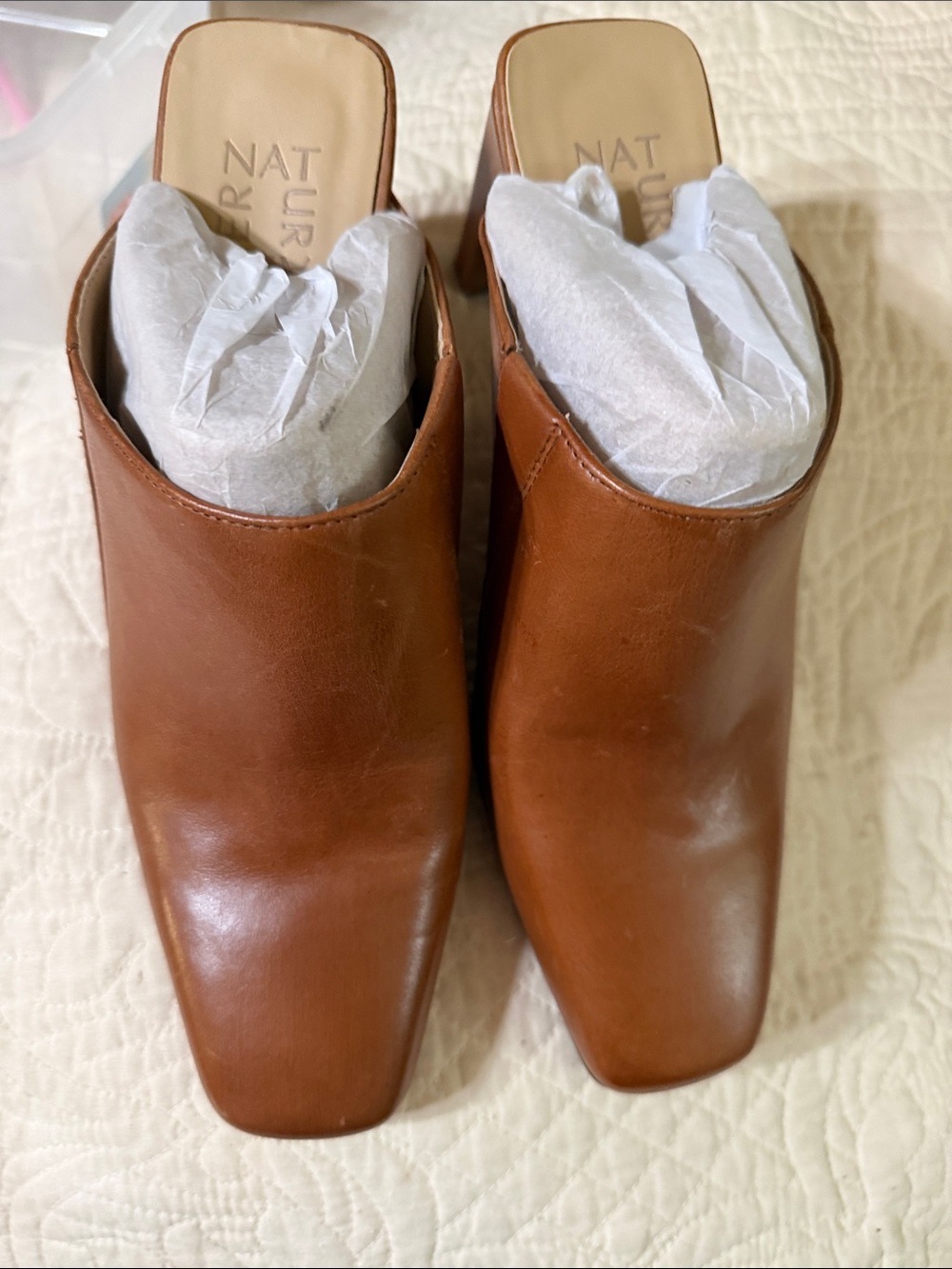 Naturalizer Tan Leather Square-Toe Slip-On Mules